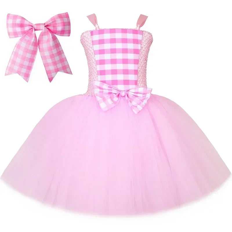 Costume Barbie La Movie pour filles Margot Robbie Robe tutu en tulle à carreaux rose Vêtements de déguisement de princesse pour enfants pour Halloween et fêtes d'anniversaire