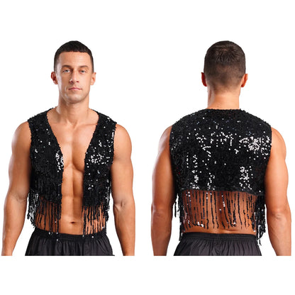 Mens Cowboy Western Costume Shiny Vintage 70s Disco Costumes Fringe Sequin Waistcoat Sleeveless Open Front Cropped Vest Cardigan