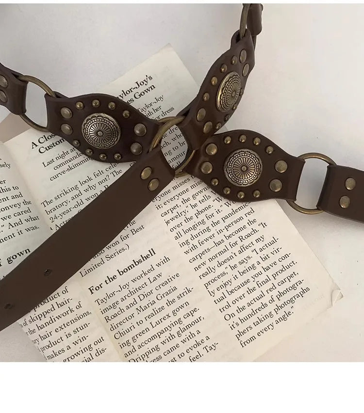 Ceinture de Cowboy occidentale pour femmes, nouvelle ceinture à rivets marron Vintage américain, ceinture en Denim polyvalente avec Style Ins, 2025