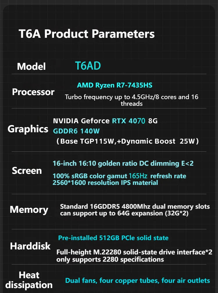 FIREBAT T6AD 16 Inch Geforce RTX 4070 AMD Ryzen7 7435HS  DDR5 165Hz 2.5K Wifi6 BT5.1 16GB 512GB Gaming Gamer Notebook Laptop