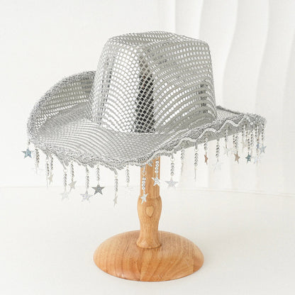 Creative Sequin Cowboy Hat for Women, Shiny Cowgirl Hat, Wide Brim Hat, Western Glitter Star, Tassel, Theme Party Cap, 2025