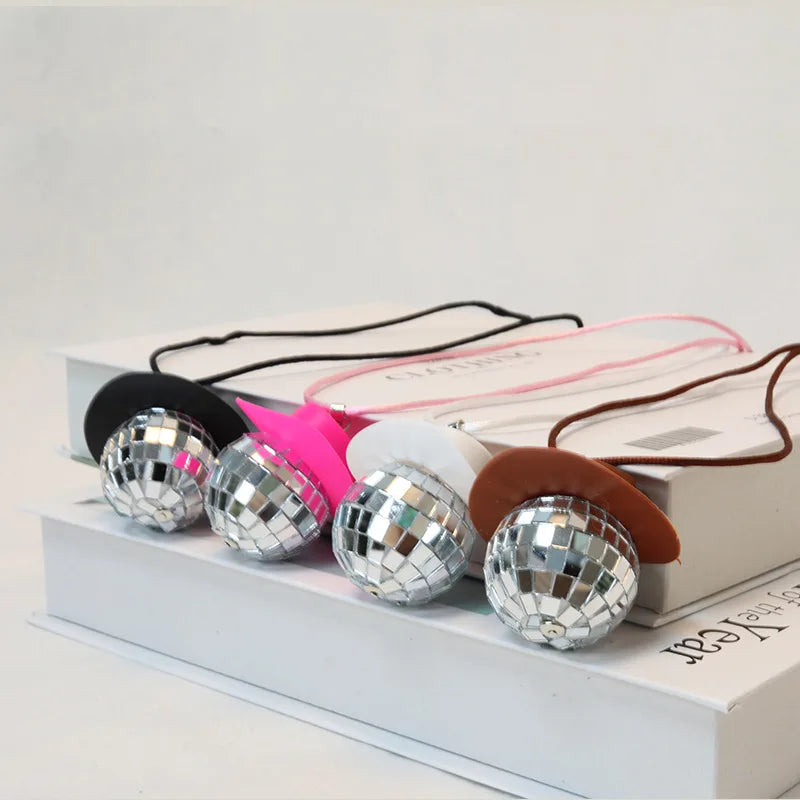 1Pcs Pink Cowgirl Cowboy Hat Disco Ball Neckalace 80s Silver Mirror Balls Pendant for Wedding Birthday Party Favors Decoration