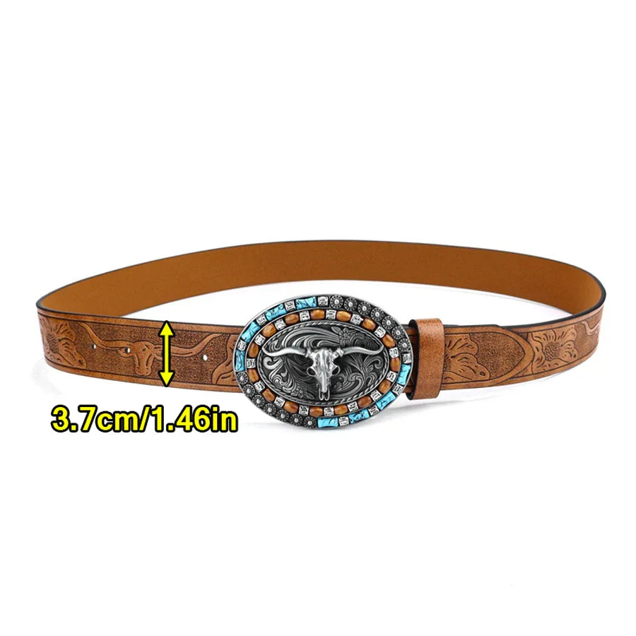 Western cowboy girl belt - Men's and women's turquoise embossed belt with long horn cow buckle suitable for 25-39
