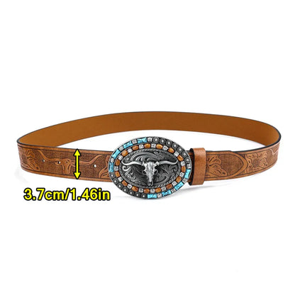 Western cowboy girl belt - Men's and women's turquoise embossed belt with long horn cow buckle suitable for 25-39