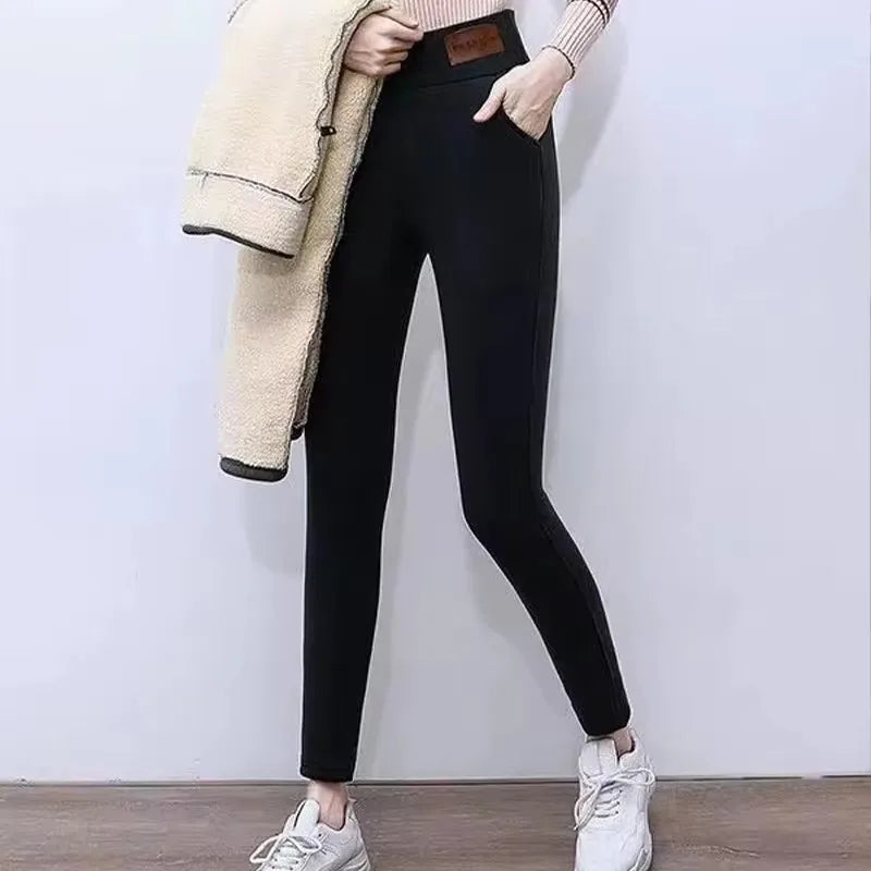 Leggings d'hiver épais pour femmes, doublés polaire chaude, pantalon thermique simple et tendance, leggings noirs amincissants, taille haute élastique, couleur unie