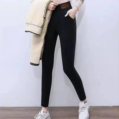 Leggings d'hiver épais pour femmes, doublés polaire chaude, pantalon thermique simple et tendance, leggings noirs amincissants, taille haute élastique, couleur unie
