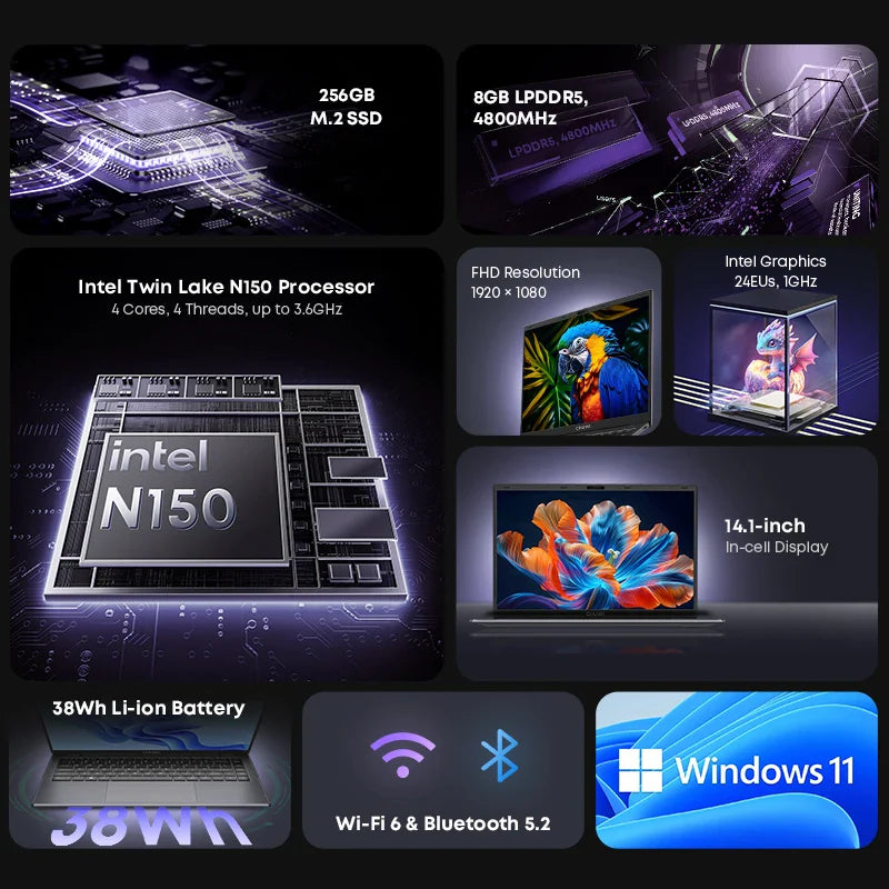 CHUWI GemiBook XPro 14.1 Inch Laptop Intel 12th N150 16GB DDR5 512GB SSD Windows 11 1920*1080 16:9 Screen WiFi 6 BT5.2 38Wh
