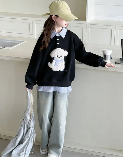 Sweat-shirt à capuche pour filles, Polo deux pièces en Faux, moyen-grand, coupe ample, haut de chiot de dessin animé, nouvelle collection printemps/automne 2025