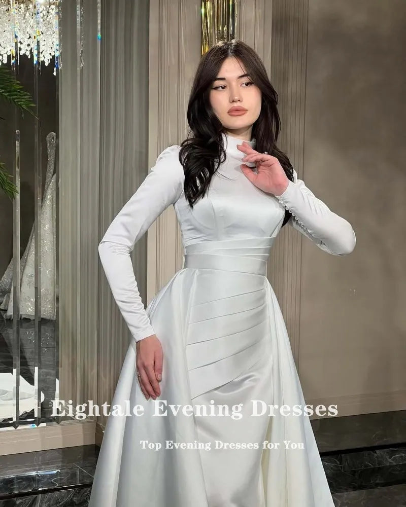 Eightale Arabic Wedding Dress High Neck Customized White Ivory Mermaid Long Sleeves Muslim Satin Bridal Gown Robe De Mariée