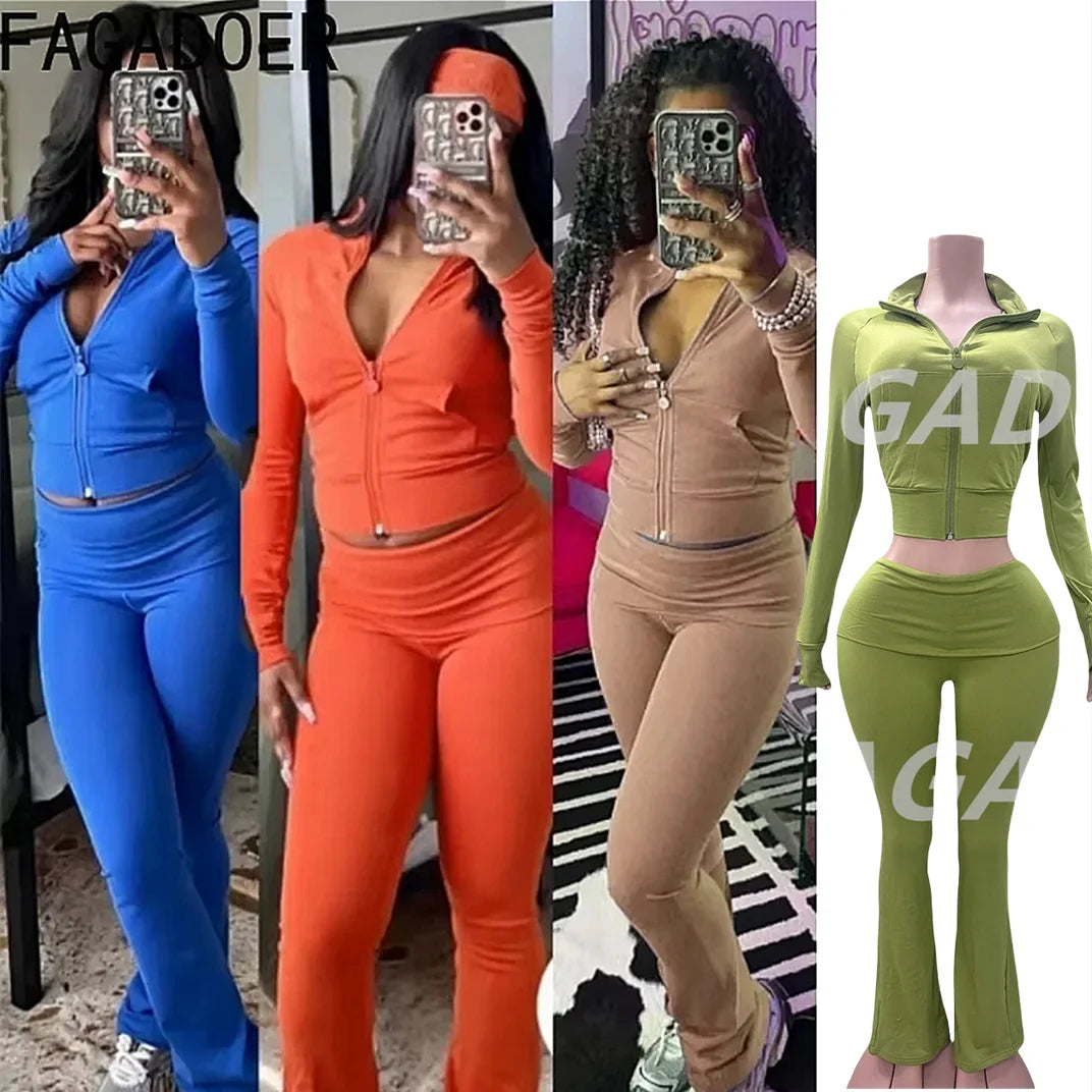 Ensembles 2 pièces FAGADOER automne hiver pour femmes Tenue décontractée Hauts courts à fermeture éclair et poche + Pantalons leggings taille haute Survêtements de jogging Streetwear