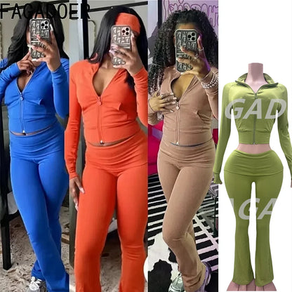 Ensembles 2 pièces FAGADOER automne hiver pour femmes Tenue décontractée Hauts courts à fermeture éclair et poche + Pantalons leggings taille haute Survêtements de jogging Streetwear