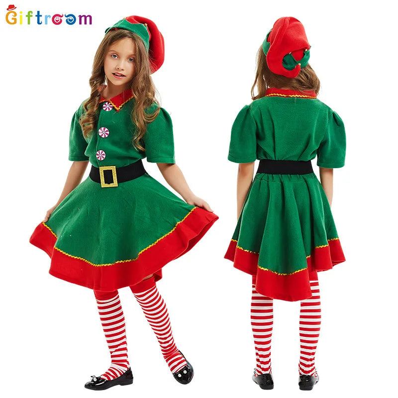 Children and adults Christmas elf costumes, Santa Claus costume sets, green elves, Halloween cosplay in 2026,