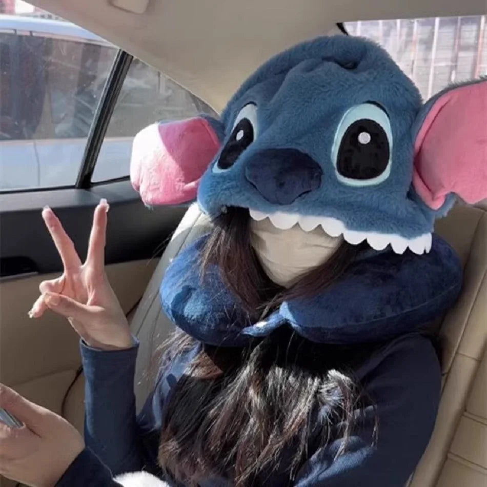 Cute Stitch Cartoon U-shaped Pillow Hooded Pillow for Napping and Neck Protection Pillow Travel Plane Hat Napping