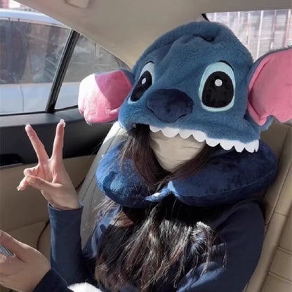 Cute Stitch Cartoon U-shaped Pillow Hooded Pillow for Napping and Neck Protection Pillow Travel Plane Hat Napping