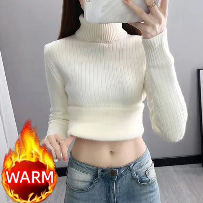 Turtleneck Winter Sweater Women Elegant Thicken Velvet Lined Warm Sueter Fleece Knitted Pullover Slim Top Jersey Knitwear Jumper