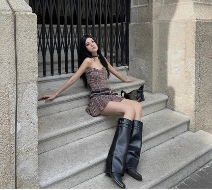 Autumn Cowboy Boots For Women Fashion Slip On Long Pipe Boots Female Square High Heel Trend Winter Footwear