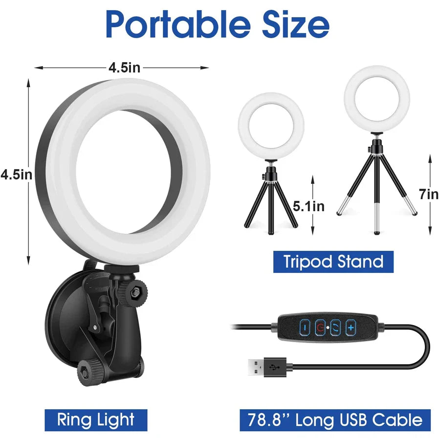Anneau lumineux LED avec trépied et ventouse pour selfie, 16cm, prise USB portable, éclairage pour ordinateur portable, vidéoconférence, maquillage