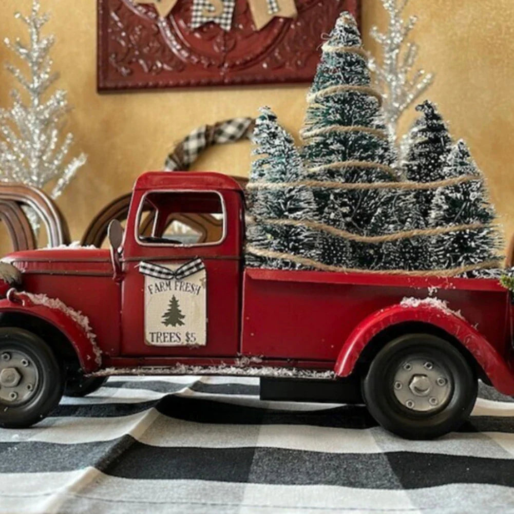 Christmas Retro Red Truck Ornaments Metal Car With Mini Green Tree And Box Xmas Table Decoration