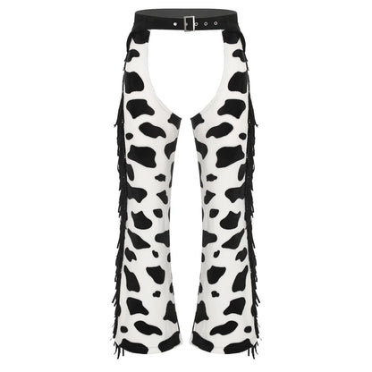 Men Halloween Cowboy Cosplay Costume Cow Print Flannel Pants Adjustable Waist Side Tassel Open Crotch Cowboy Chaps Rave Party