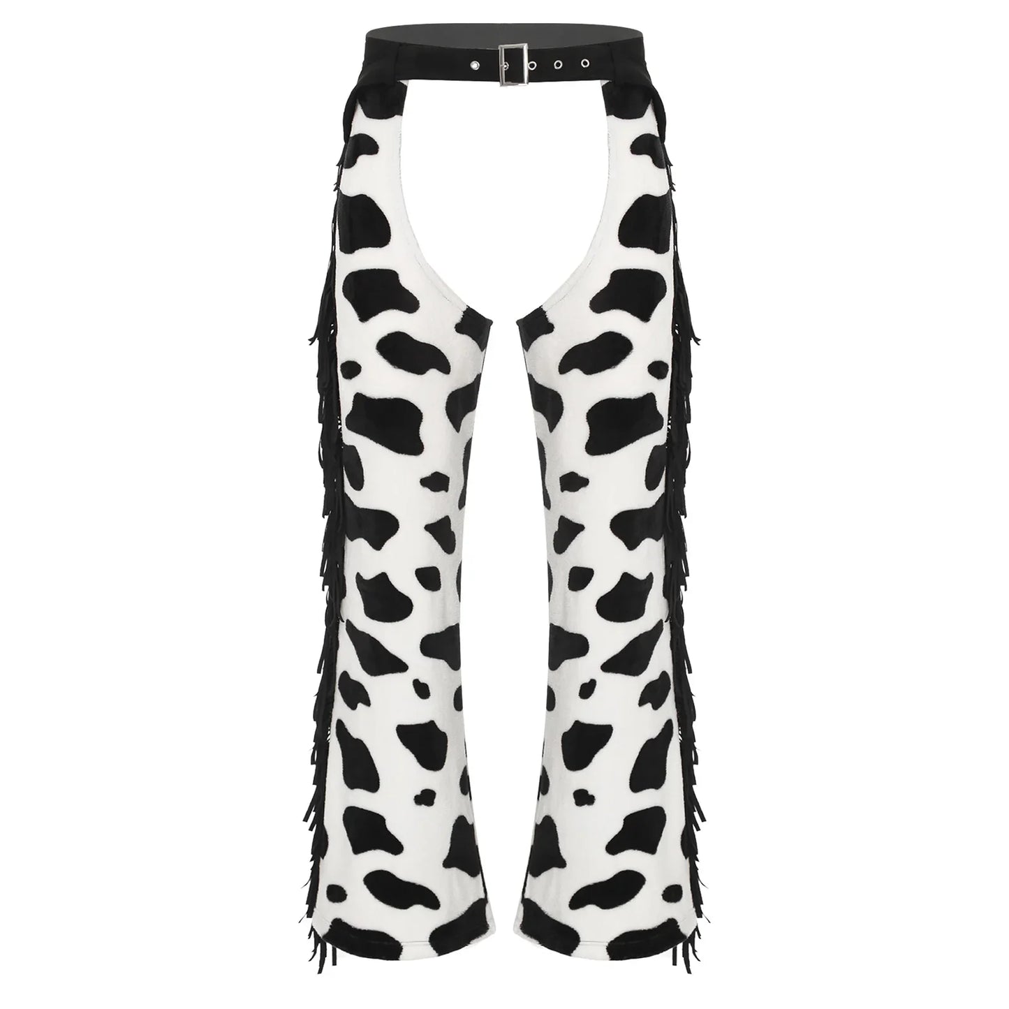 Men Halloween Cowboy Cosplay Costume Cow Print Flannel Pants Adjustable Waist Side Tassel Open Crotch Cowboy Chaps Rave Party