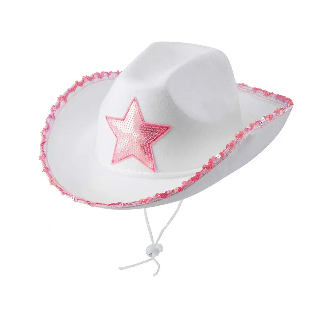 Chapeau de Cowgirl blanc étoile rose, garniture à paillettes, frange, chapeau de Cowboy réglable, cordon de serrage au cou, Costume de jeu de fête