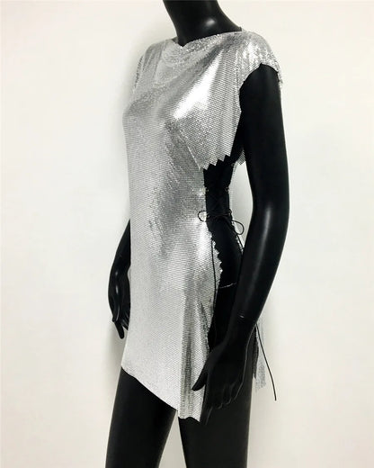 Glitter Metal Sequins Mini Dress Women Sexy Round Neck Sleeveless Side Split Bandage Dress Rave Festival Nightclub Evening Dress