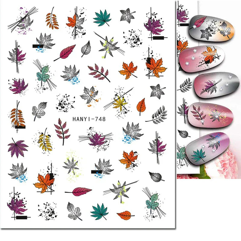 3d Nail Art Stickers Winter Autumn Golden Leaves Red Roses Flowers Decals For Nails Decoration Manicure Salon Beauty
