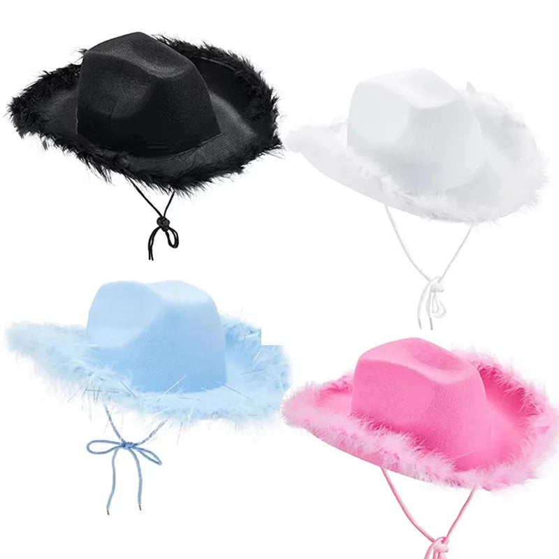 Chapeau de cow-girl rose pour femme, chapeau de cowboy à bord en fourrure rose, pour bar, danse, fête, déguisement, pour filles heureuses, chapeau de cowboy rose pour fête d'anniversaire