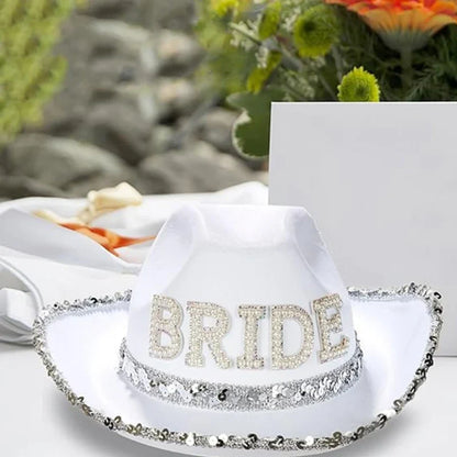 Funny Cowboy Cowgirl Bride Hat with Mesh Veil Rhinestones Bride Letter Wide Brim Hat Bachelorette Wedding Party Props