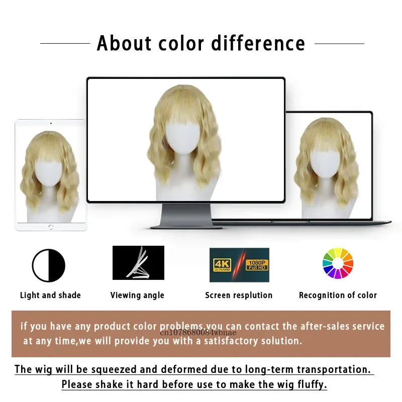 Synthetic Hair Blonde Short Curly Bob Wigs with Bangs Yellow Lolita Cosplay Wig for Women Daily Party Cosplay Heat Resistant