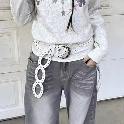 Adjustable Cowgirl Waist Belt, Hollow, Wide Side, PU Leather, Elliptical Geometry, Metal Buckle, Rivet, Everyday Waist Belt