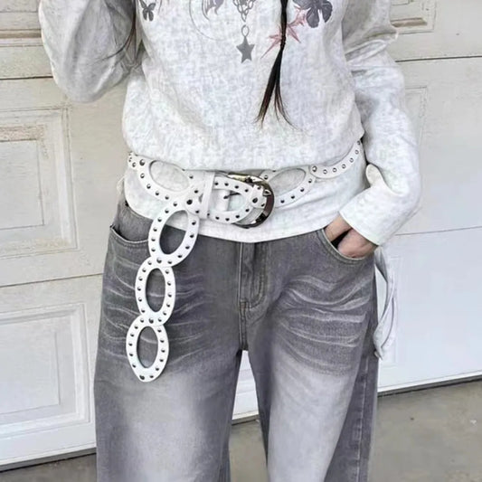 Ceinture de taille de Cowgirl réglable, ajourée, large côté, en cuir PU, géométrie elliptique, boucle en métal, Rivet, ceinture de taille quotidienne