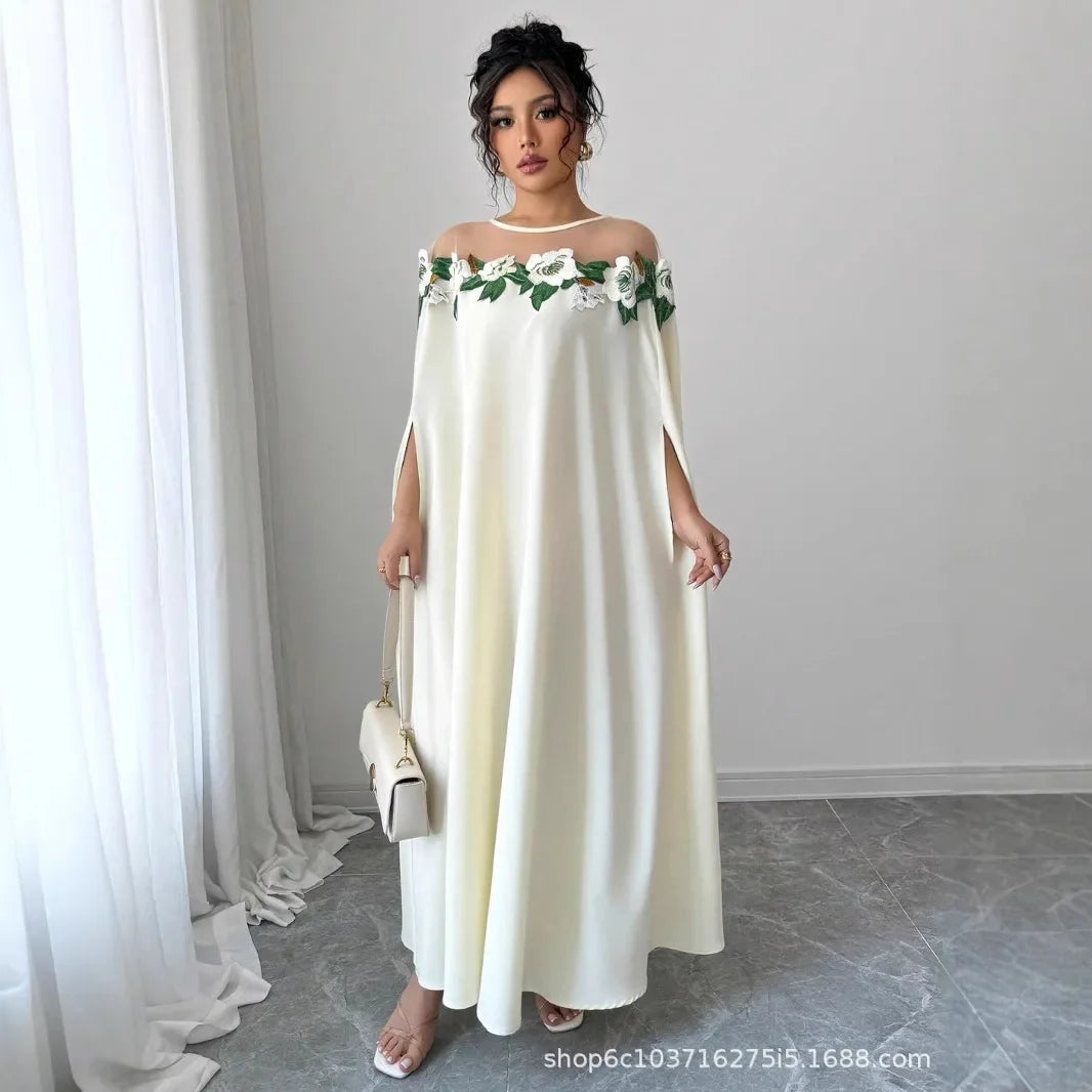 Robe longue de soirée élégante, à la mode, Chic, décoration florale, couleur unie, tempérament de printemps, robe longue ample