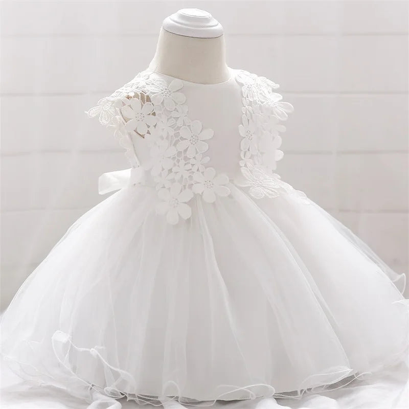 Robe de baptême pour bébé fille, en dentelle blanche, motif de fleurs, en Tulle, pour fête d'anniversaire, robe de mariage pour nouveau-né, 1 an