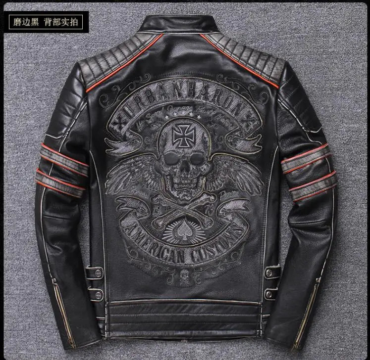 CC Shop.Brand skull cowhide coat.8XL Plus black slim genuine leather jacket,Rider leather cloth.Chaqueta de cuero esqueleto