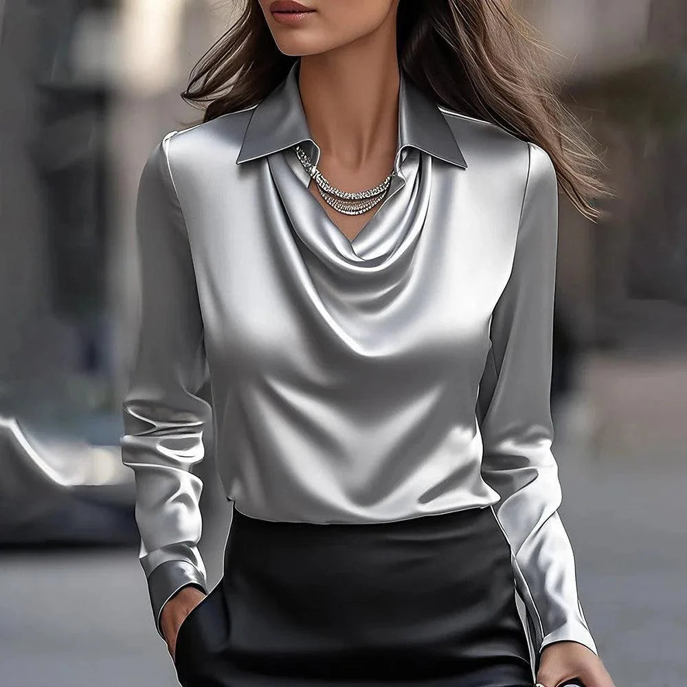 Women's Elegant Satin Shirt, Printed Blouse, V-Neck, Long Sleeves, Solid Color, Loose Fit, Casual Top for Office, New Collection
