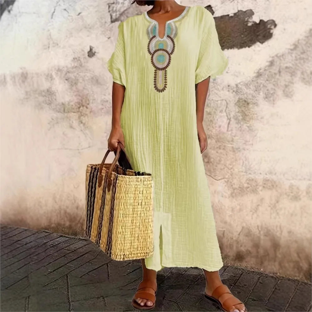 Embroidered Fashion O-Neck Short Sleeve Women Dresses Summer New Casual Unique Slit Dress Elegant Female Vacation Dress Robe