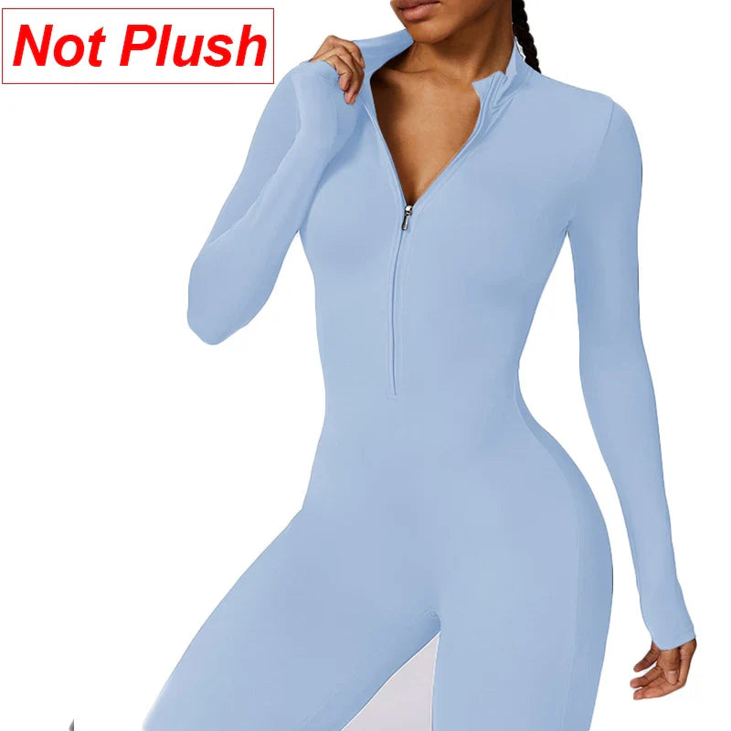 Combinaisons de sport chaudes en peluche pour femmes, survêtement une pièce, Fitness, ensembles de gymnastique d'hiver, manches longues, body d'exercice noir pour femme