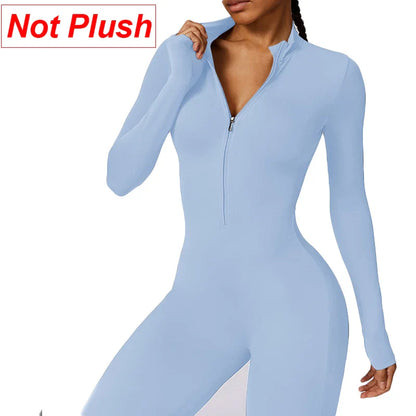 Combinaisons de sport chaudes en peluche pour femmes, survêtement une pièce, Fitness, ensembles de gymnastique d'hiver, manches longues, body d'exercice noir pour femme