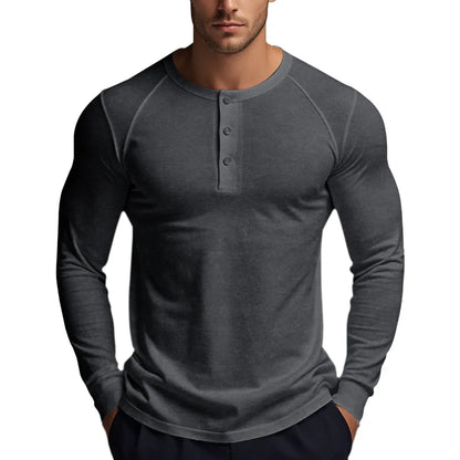 T-shirts boutonnés à manches longues pour hommes, col Henley, décontractés, de haute qualité, pour l'automne