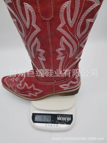 Embroidery Cowboy Boots For Women Knee High Med Calf Vintage Western Cowgirl Boots Women Heeled Casual Shoes Autumn Block Heel