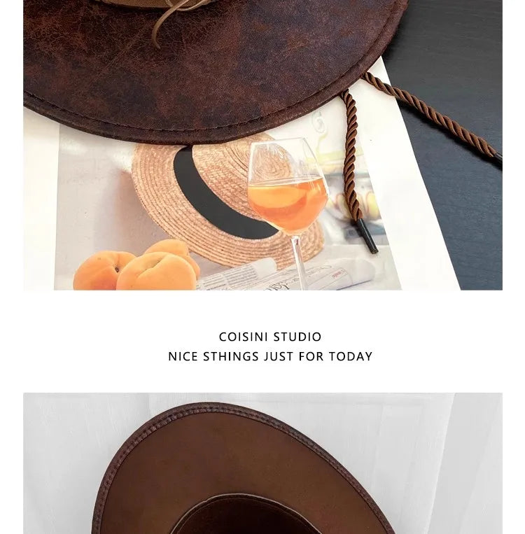 Faux Leather Western Cowboy Hats For Women Men Vintage Gentleman Cowgirl Jazz hat Holidays Party Cosplay Hat