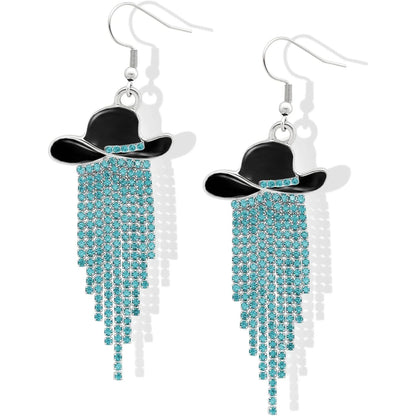 Boucles d'oreilles pendantes de cowgirl de l'Ouest, Chapeau en émail, Pendentif à pompon strass scintillant, Bijoux pour femmes pour bal, concerts country, rodéo, cow-boy