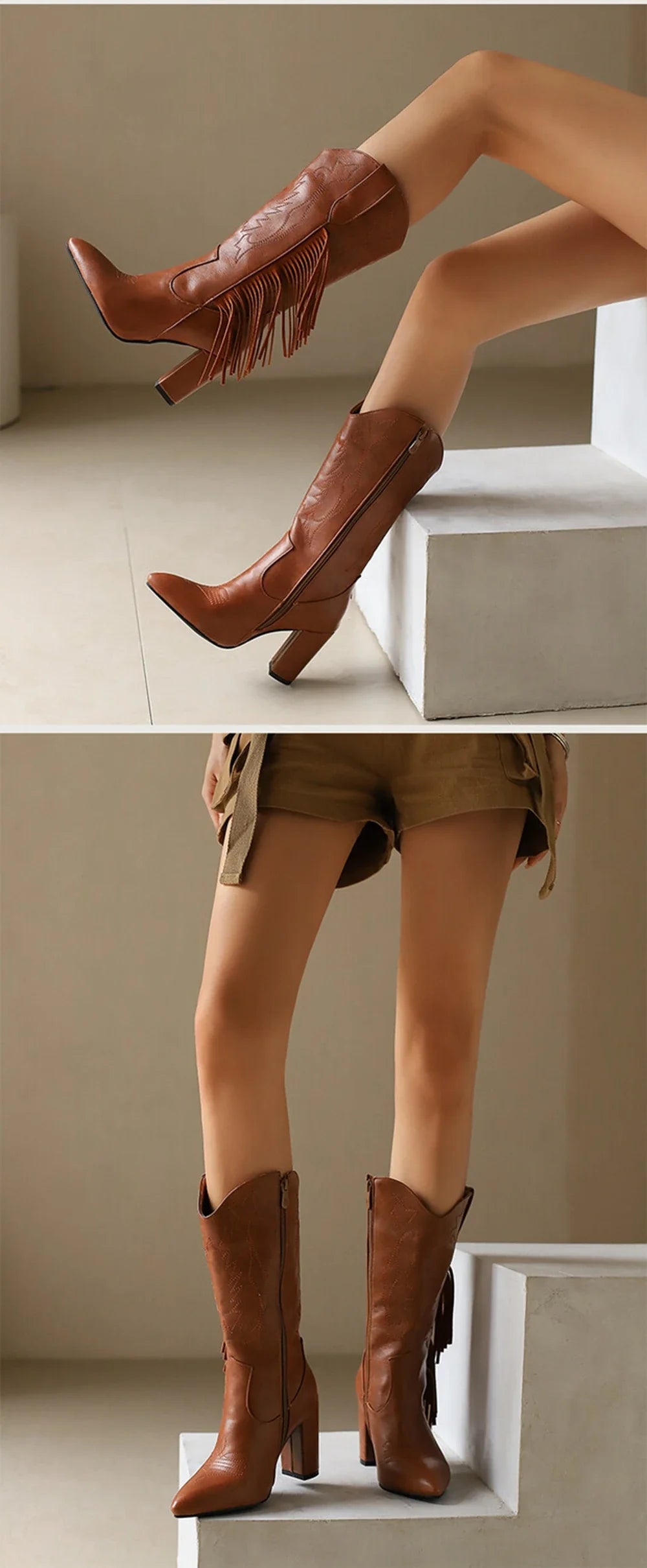 Botas De Mujer bottes De Cowboy occidentales brodées femmes mode pointu gland côté fermeture éclair genou bottes hautes chaussures gothiques 8508