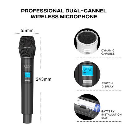 Sans fil Microphone G-MARK G320AM Professionnel UHF 2 Canaux Karaoké Mic De Poche Automatique Fréquence Réglable 100M