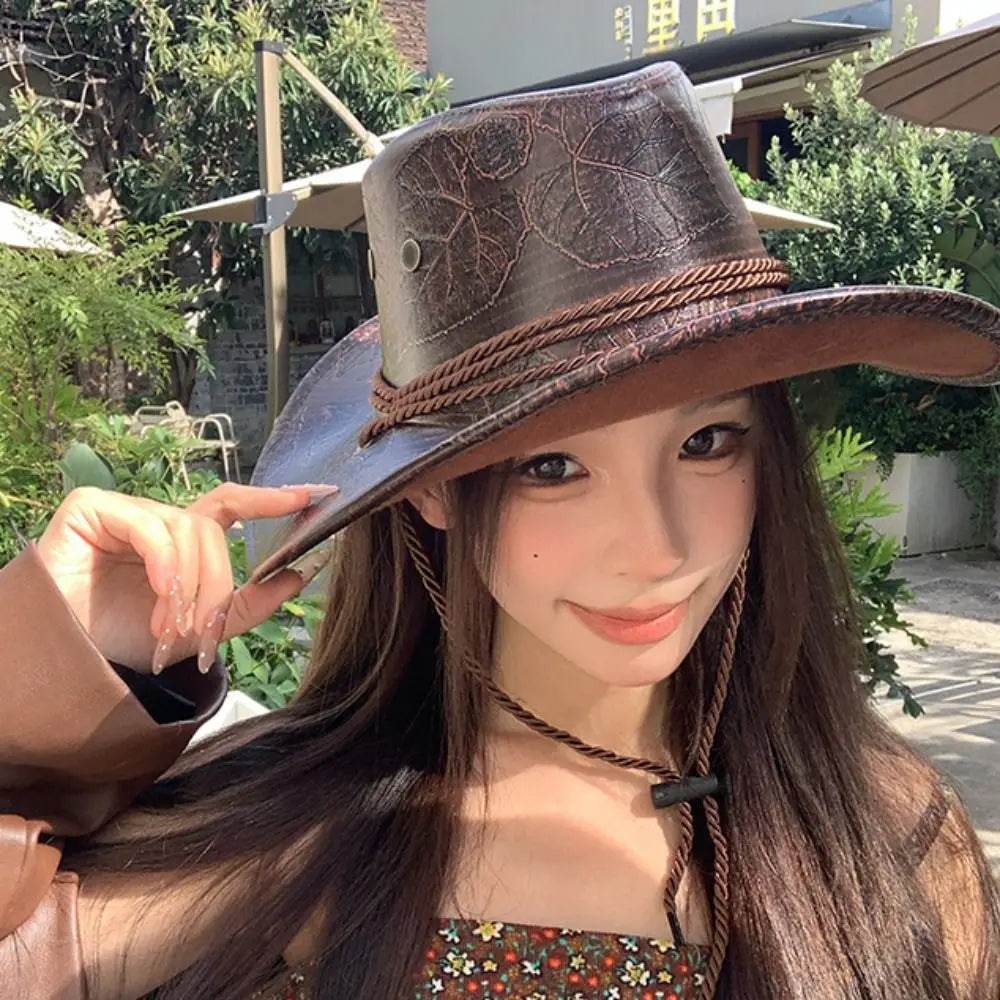 Chapeau de Cowboy occidental de Style ethnique Punk, chapeau de Jazz en Polyester à bord en rouleau, casquette à visière de couleur unie noir/marron pour l'extérieur