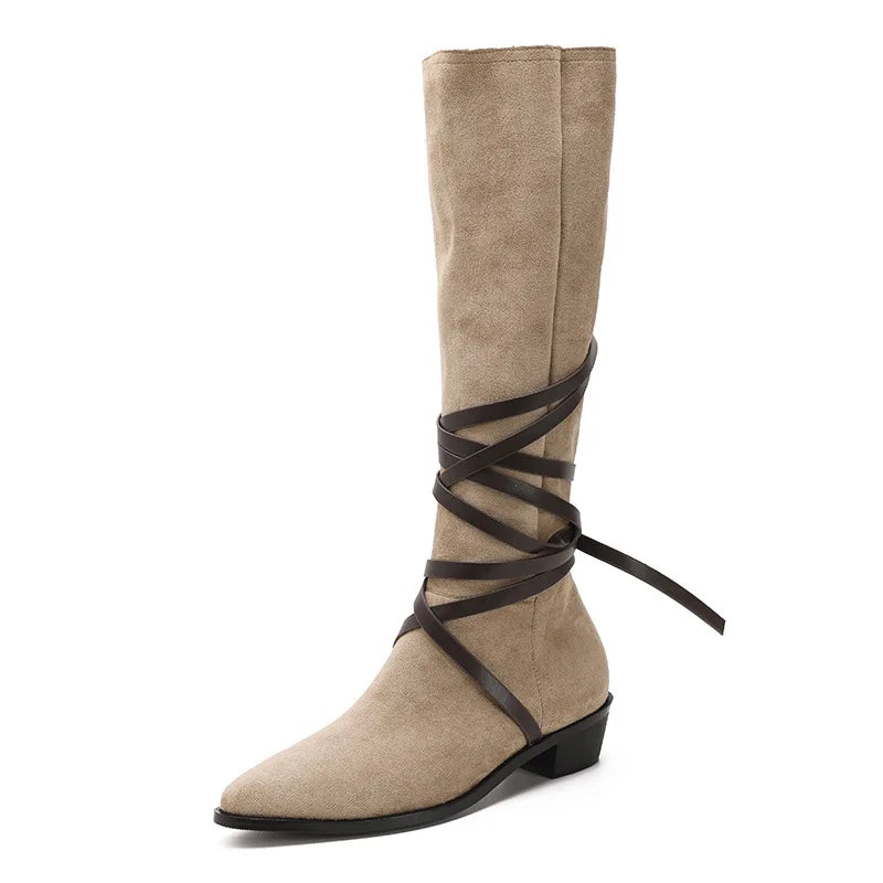 Matte Leather Gothic Western Cowboy Boots Women's Fashion Autumn New Style Pointed Toe Lace-up Retro High Top Flat Heel Boots