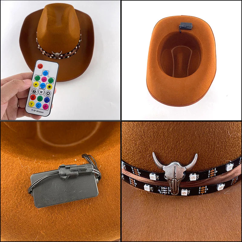 Chapeau de cowboy LED télécommandé pour femmes et hommes, chapeaux de cow-girl occidentaux, robe de l'ouest, vêtements de sauna scintillants pour Halloween, casquette unisexe, mode