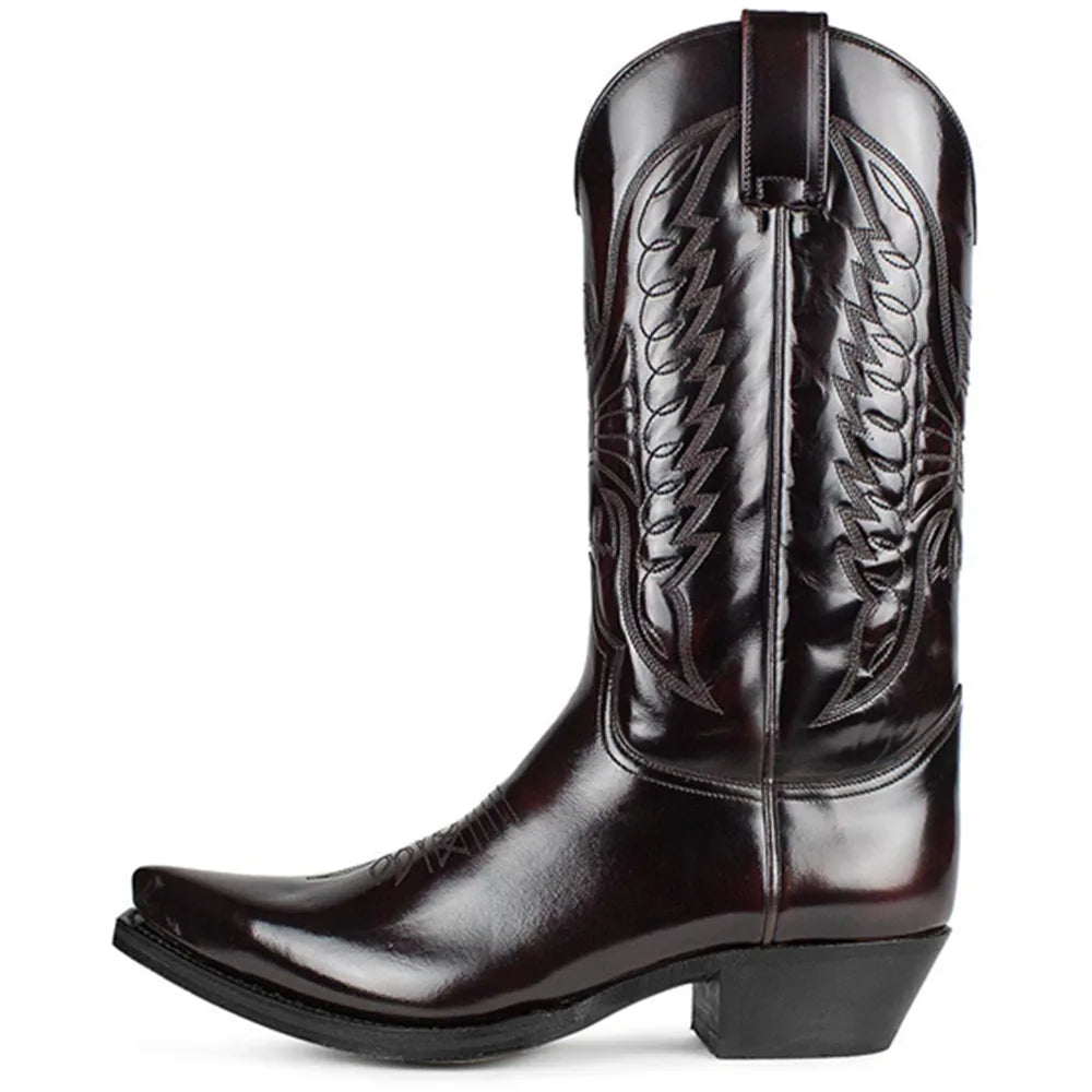 Men's Western Cowboy Boots Embroidered High Boots Retro Pointed Toe Platform Leather Shoes Slip on Plus Size Men Mid-calf Boots