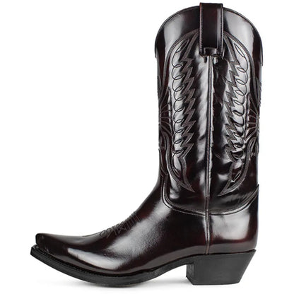 Men's Western Cowboy Boots Embroidered High Boots Retro Pointed Toe Platform Leather Shoes Slip on Plus Size Men Mid-calf Boots
